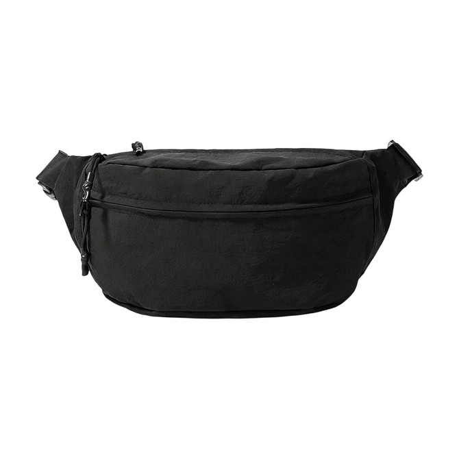 A large black bum bag with a front zipper pocket and adjustable straps. It has a logo on the front.