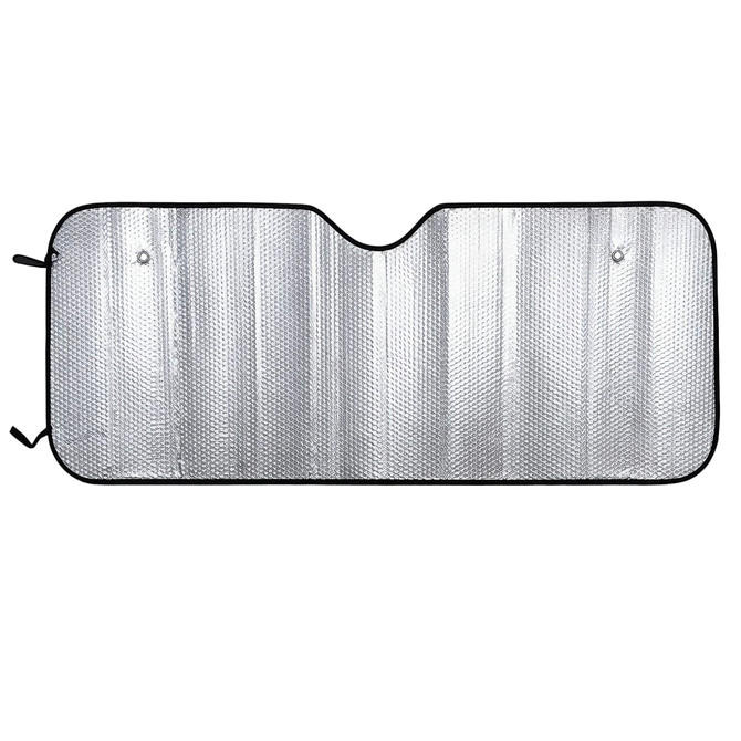 A full colour printed bubble aluminium car sun shade featuring a silver reflective design and black edging.