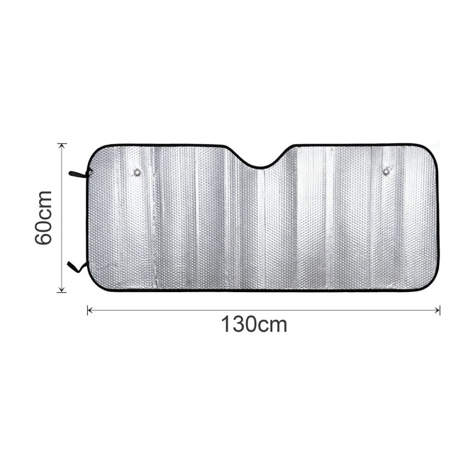 A full colour printed bubble aluminium car sun shade, silver in colour, measuring 130cm by 60cm, with a logo.