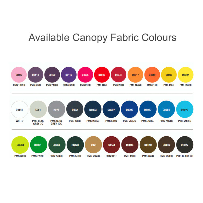 A colour swatch featuring various canopy fabric colours for the 23'' Colour Changing Umbrella, showing a range of shades.