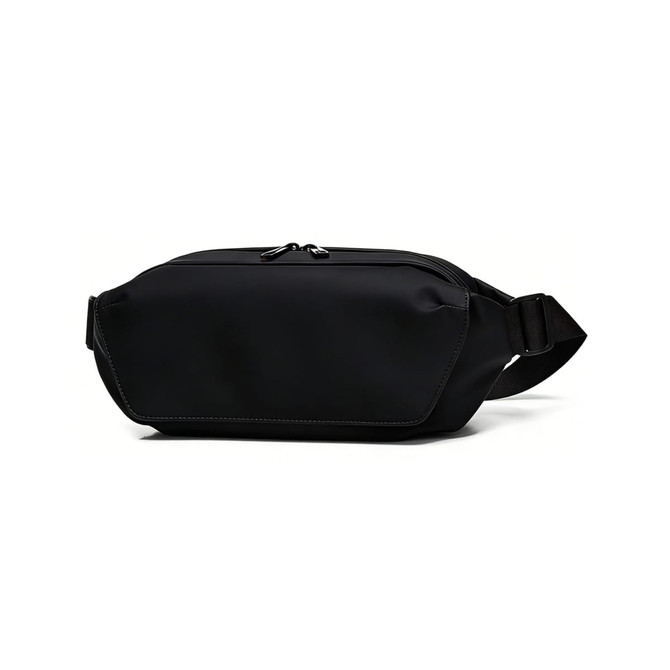 A black fanny pack with a sleek design, featuring a zip closure and an adjustable strap. It has a logo.