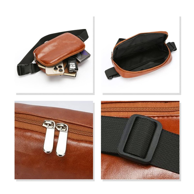 A brown polyurethane fanny pack with an adjustable strap, featuring multiple compartments and a sleek zipper closure.