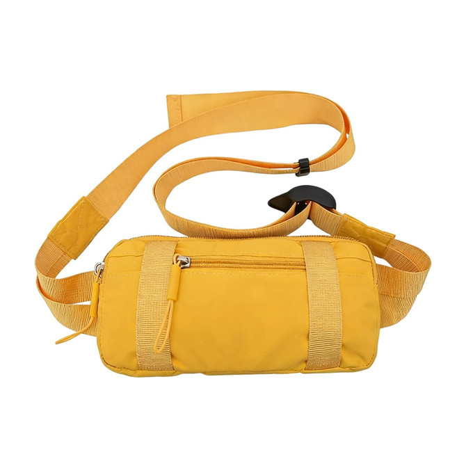A yellow travel fanny pack with an adjustable strap and a front zip pocket, featuring a small logo.