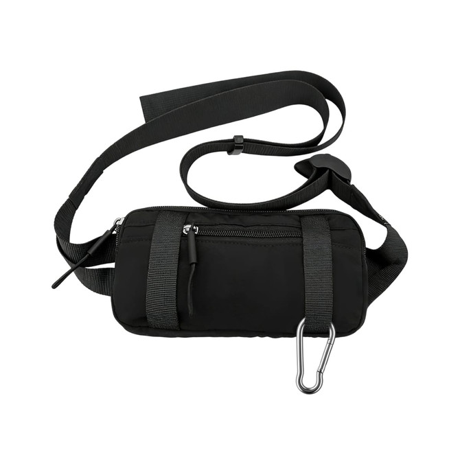A black travel fanny pack with adjustable straps, a zipped pocket, and a carabiner attached.
