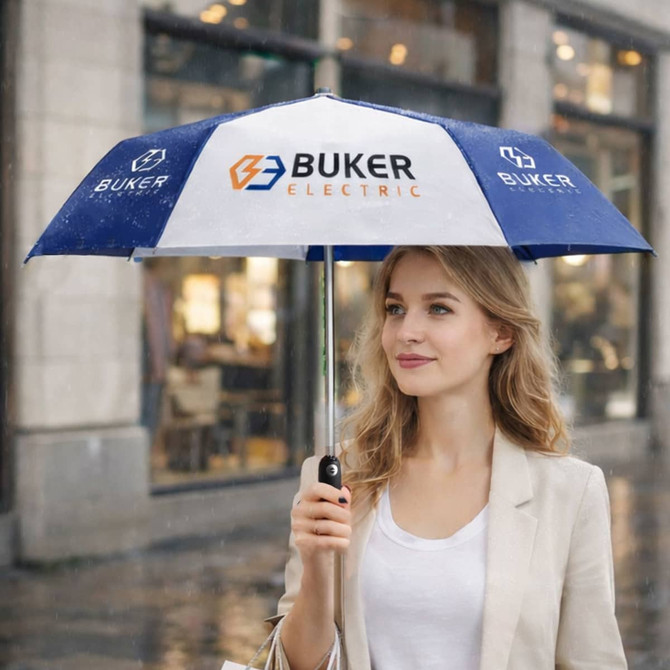 A woman holds a blue and white automatic open and close umbrella with a logo, set against an urban backdrop in rain.