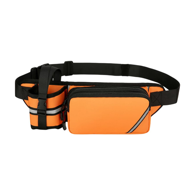 An orange fanny pack with a black adjustable strap and a side bottle holder, featuring reflective accents.