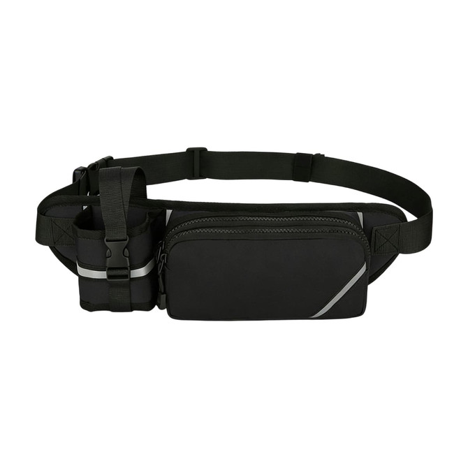 A black fanny pack with a bottle holder, featuring a zippered compartment and adjustable strap. Includes reflective details.