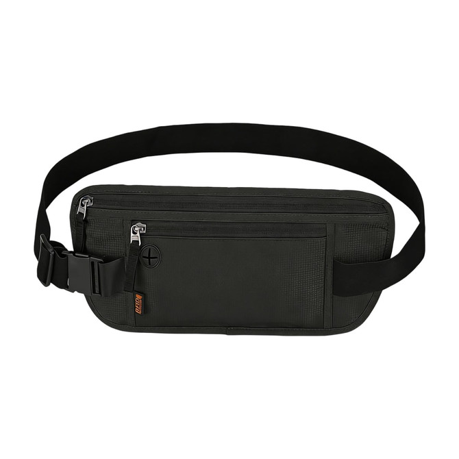 A black fanny pack features multiple zippered compartments and a breathable strap. It includes a logo on the side.