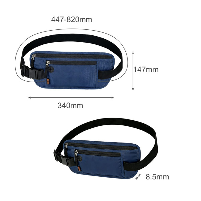 A blue fanny pack with dimensions displayed, featuring multiple zippered pockets and an adjustable strap.