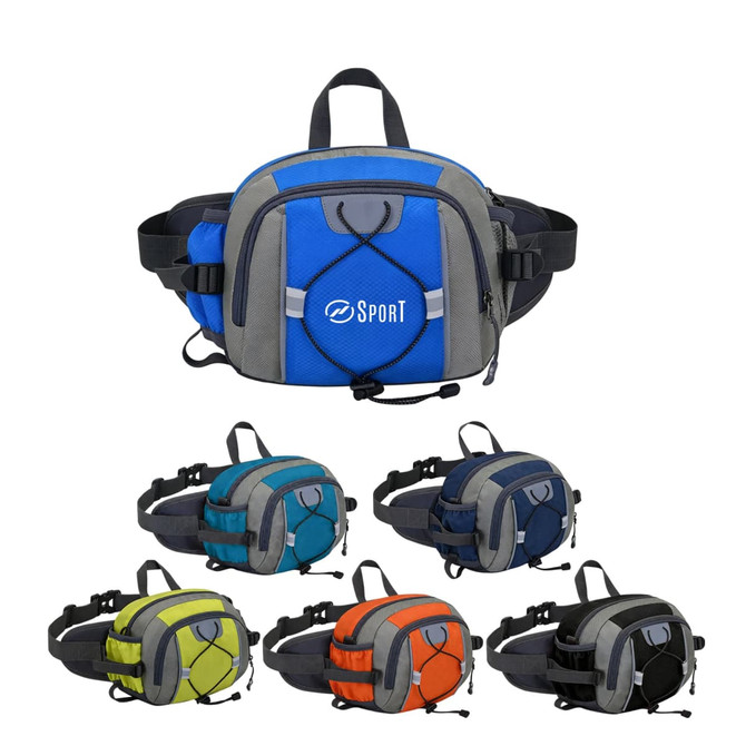 A drink bottle holder waist bag in various colours including blue, orange, green, and navy, featuring multiple compartments and a logo.
