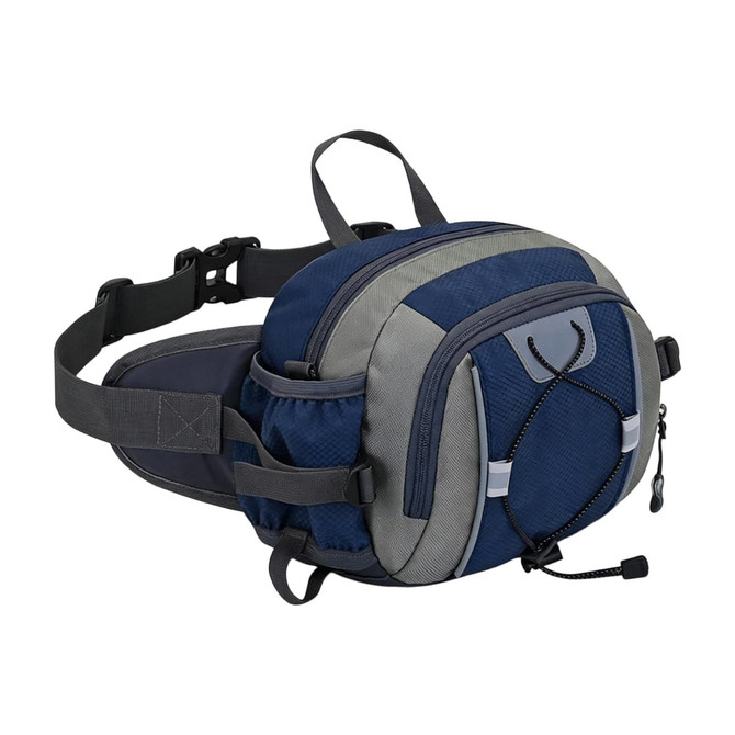 A drink bottle holder attached to a navy and grey waist bag with multiple compartments and straps.