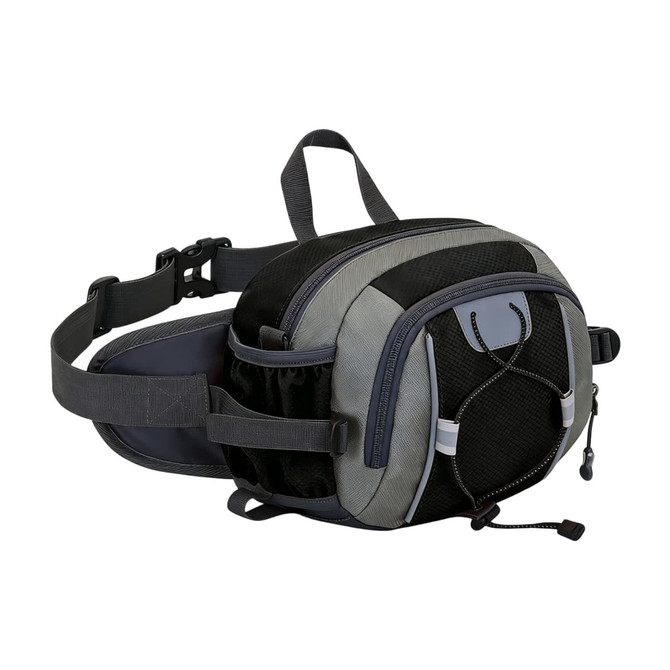 A drink bottle holder integrated into a black and grey waist bag, featuring various pockets and an adjustable strap.