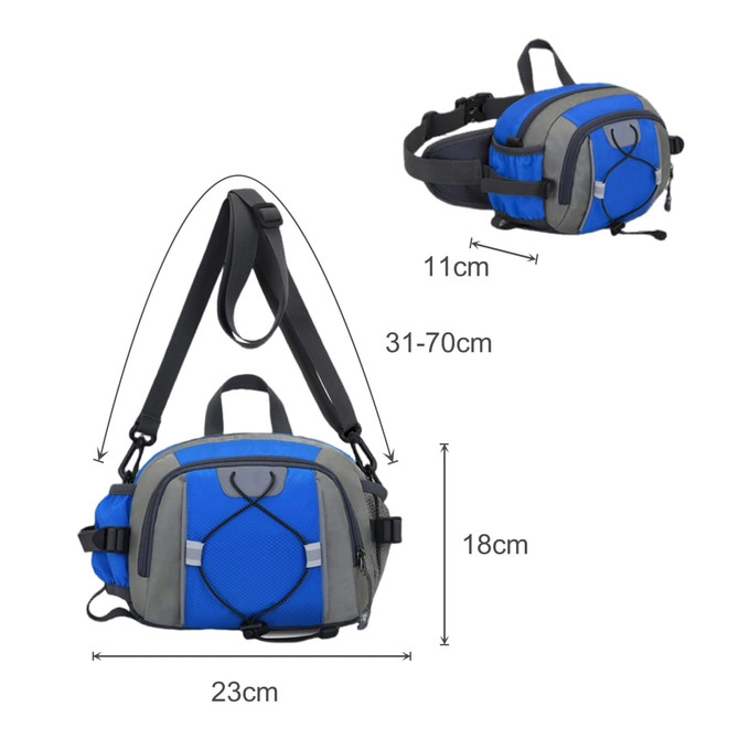 A drink bottle holder waist bag in blue and grey with adjustable straps and a logo. Dimensions are 23cm x 18cm x 11cm.