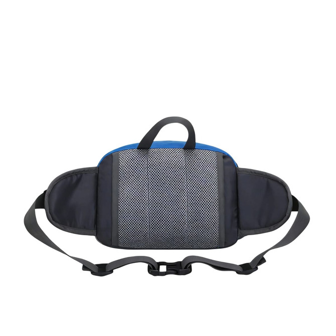 A drink bottle holder waist bag in blue and black with a mesh panel and adjustable straps. Features a logo.