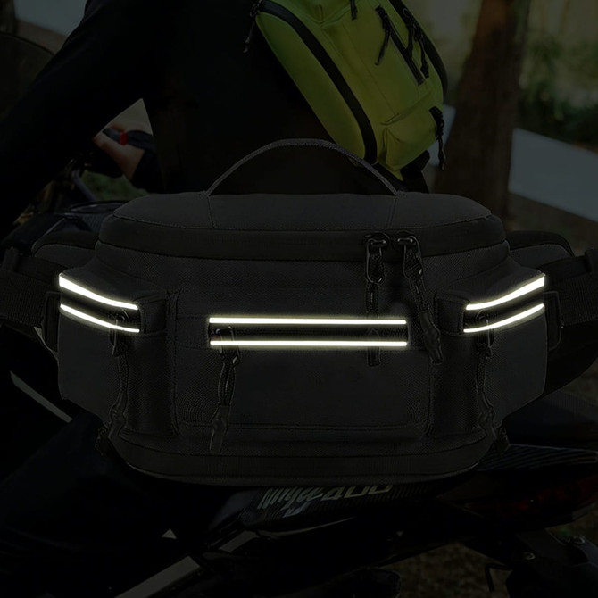 A black expandable bum bag with reflective strips, featuring multiple zippered pockets and a sturdy handle.