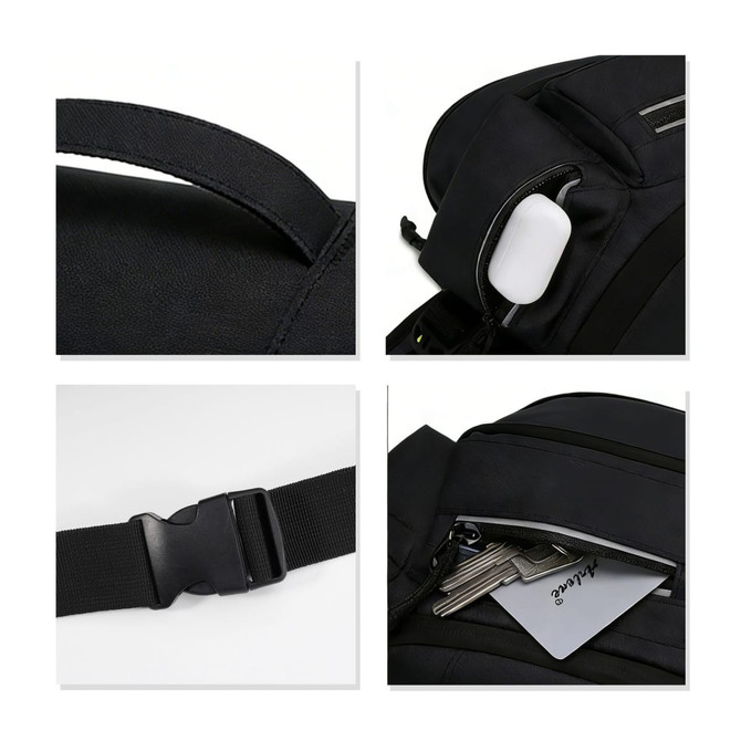A black expandable bum bag featuring a strap, a zippered pocket, and an interior compartment for small items.