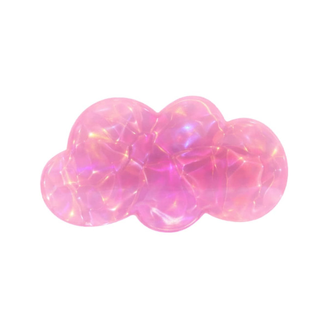 A pink iridescent alligator hair clip shaped like a cloud, featuring a glossy, shiny finish.