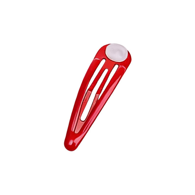 A red hair clip with a plastic design and a circular white accent at the top, featuring a logo.