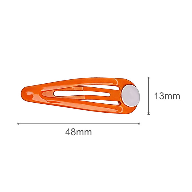 An orange hair clip with a central white round feature, measuring 48mm in length and 13mm in width.