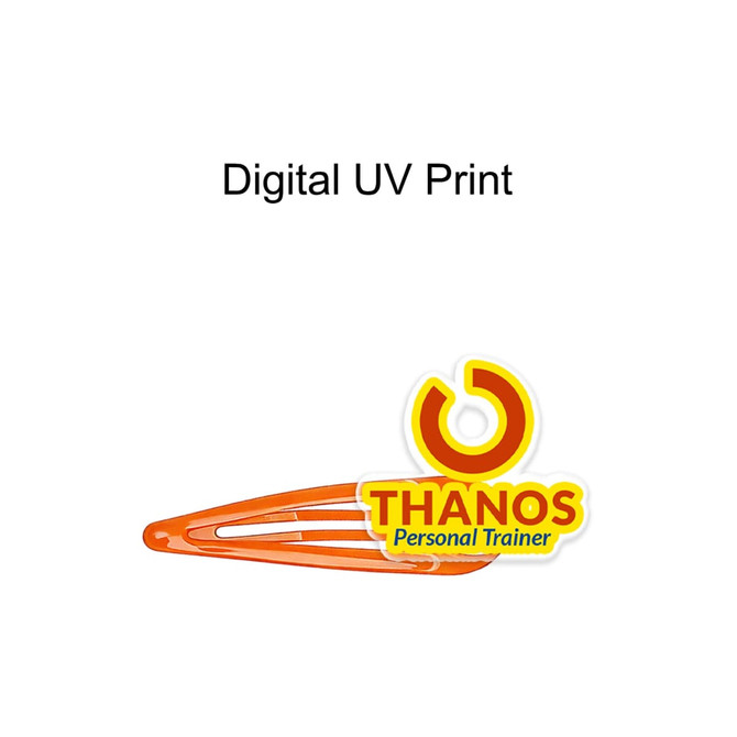 An orange hair clip with a simple design. It features a logo and digital UV print on the side.