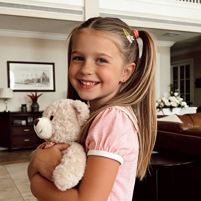 A young girl with long, straight hair, wearing a pink outfit, holds a teddy bear and smiles. She has colourful hair clips.
