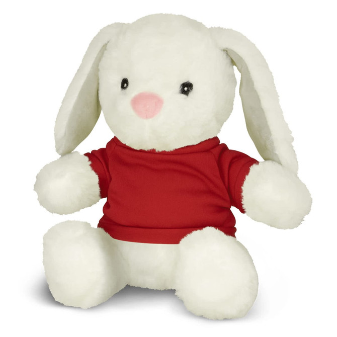 A white rabbit plush toy wearing a red shirt, featuring large ears and a pink nose, sitting down.