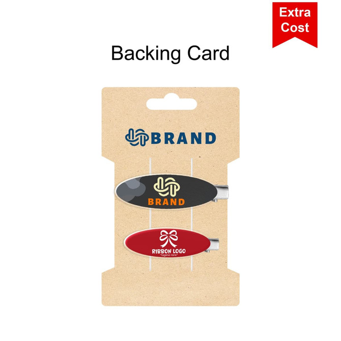 A backing card with two oval acrylic hair clips, one black and one red, featuring logos.