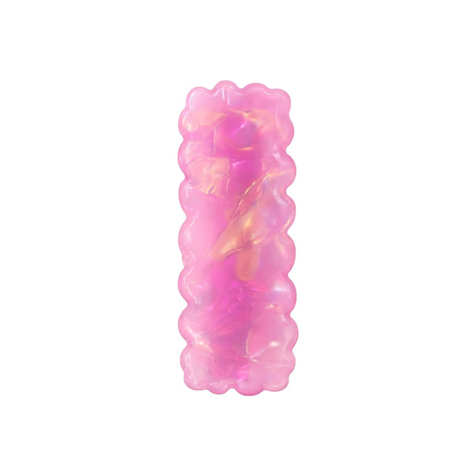 A wavy rectangle hair clip in iridescent pink, featuring a glossy finish with swirling colours.