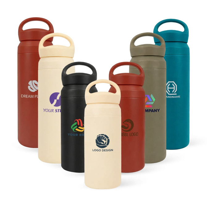A drink bottle collection featuring 350ML and 500ML double wall stainless steel options in various colours with handles and logos.