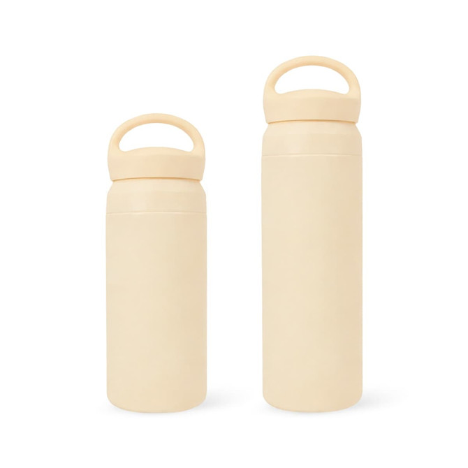 A drink bottle set featuring a double wall design in a soft beige colour, with handles for easy carrying.