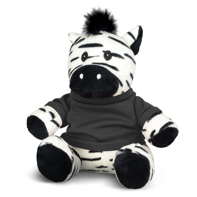 A plush zebra toy with black and white stripes, wearing a grey shirt, featuring a black tuft on its head.