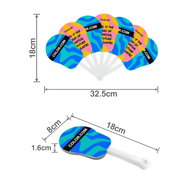 A seven-piece plastic hand fan with a blue and yellow abstract design, featuring a transparent handle and a branding logo.
