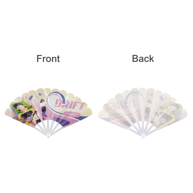 A plastic hand fan featuring a colourful design on the front and a simple back, with a branding logo present.