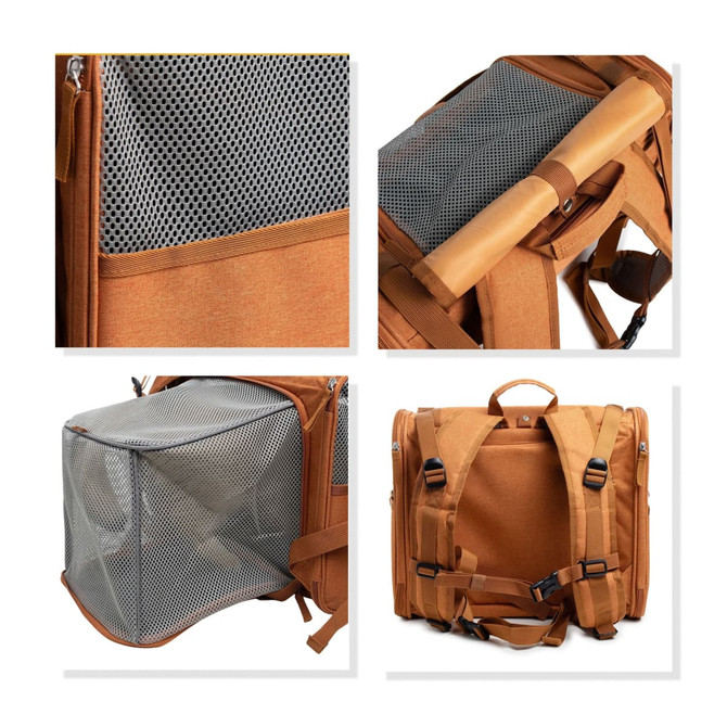 A pet backpack carrier in a tan colour featuring an expandable mesh design with zippered compartments and adjustable straps.