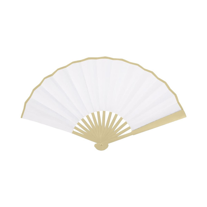 An 8-inch bamboo fabric hand fan in white with a golden frame and spokes, featuring a logo.