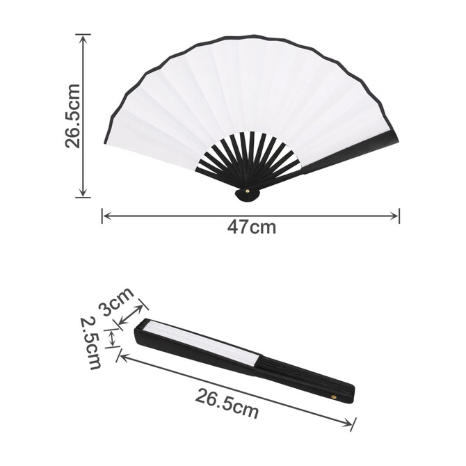 An 8-inch bamboo fabric hand fan with white fabric and a black frame, folded and unfolded, featuring a logo.