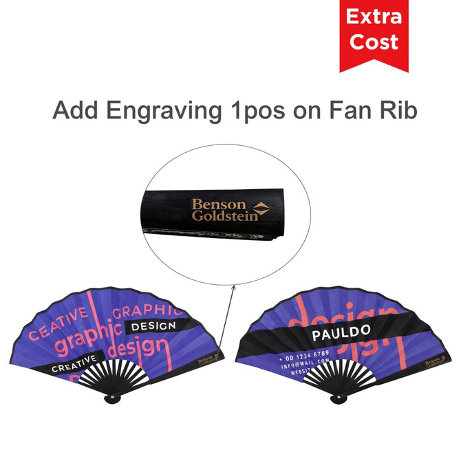 A bamboo hand fan featuring a mix of purple and black with creative graphic design. It includes a branding logo.