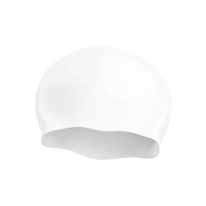 A seamless silicone swimming cap in white, featuring a smooth design and a logo.
