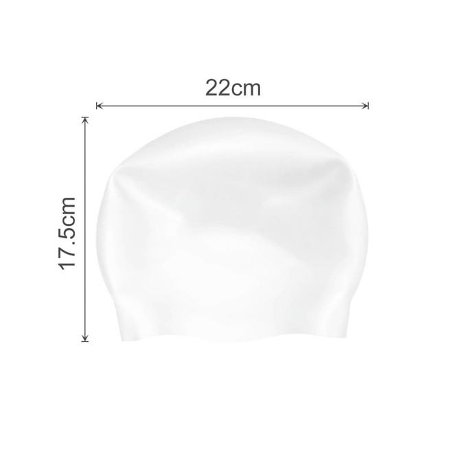 A seamless white silicone swimming cap with dimensions of 22cm by 17.5cm and a simple design.
