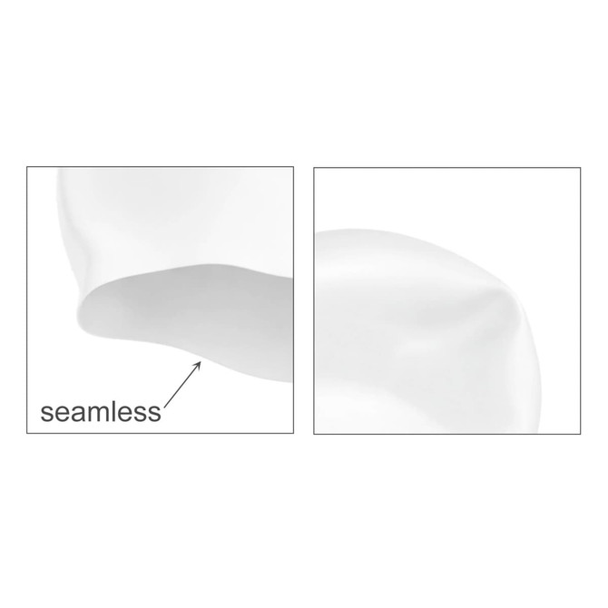 A seamless silicone swimming cap in white, showcasing its smooth and flexible design. Features a close-up view highlighting the seamless edges.