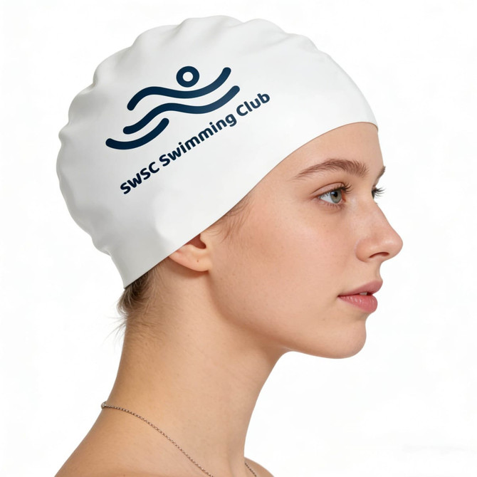 A seamless white silicone swimming cap featuring a logo and a smooth design, shown on a profile view.