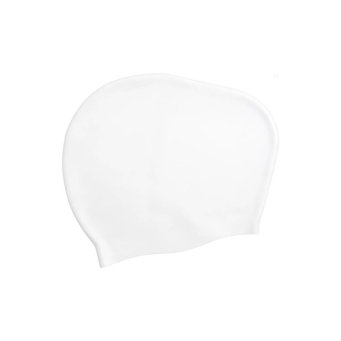 A silicone swim cap in white, designed for women with long hair, featuring a smooth and flexible texture.