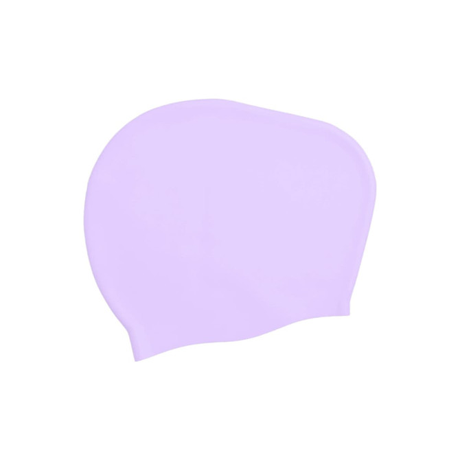 A silicone swim cap in purple, designed for women with long hair, featuring a smooth surface and rounded shape.