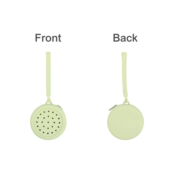 A round silicone pouch in light green, featuring perforations on one side and a smooth back, with a wrist strap.