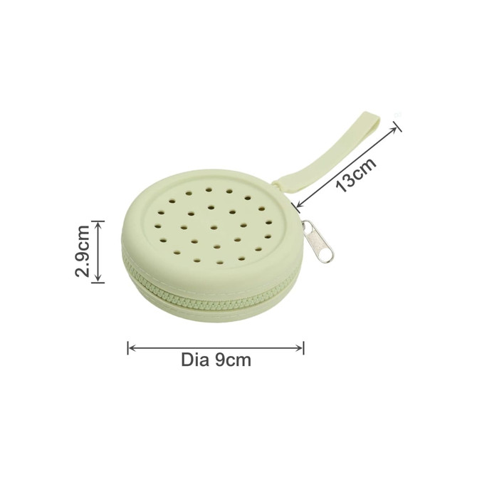 A round, light green silicone pouch with holes, featuring a zipper and a loop for easy carrying.