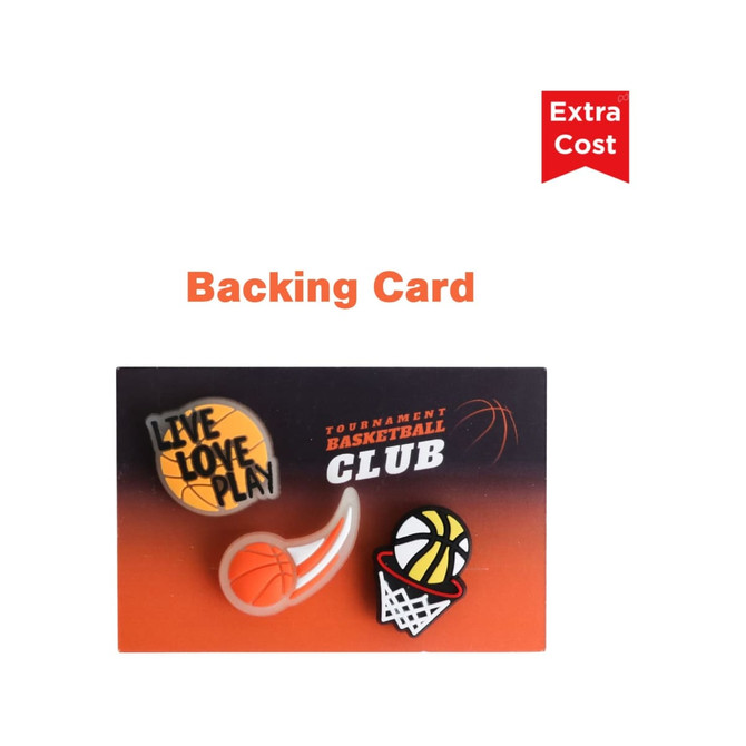 A backing card featuring basketball-themed designs, including a basketball and hoop, with vibrant colours.