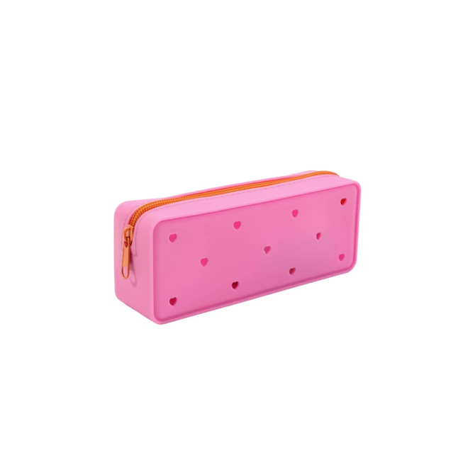 A pink silicone pencil case with heart-shaped holes and an orange zipper. It features a simple, rectangular design.