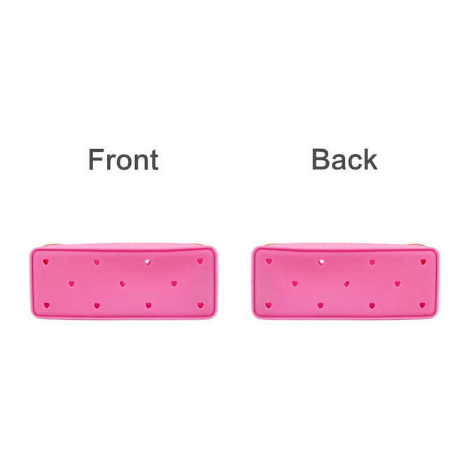 A pink silicone pencil case featuring holes in a heart pattern, displaying both the front and back sides.