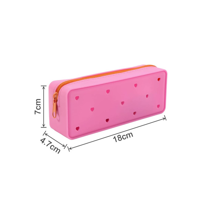 A pink silicone pencil case with cut-out heart shapes and a zipper closure, measuring 18 cm by 7 cm by 4.7 cm.