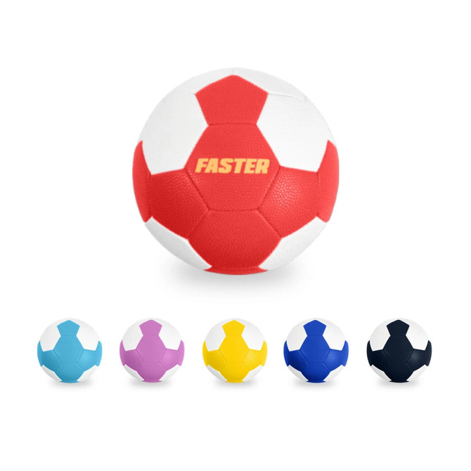 A machine-stitched PU handball featuring red and white panels, along with alternative colour options in purple, blue, yellow, and black.